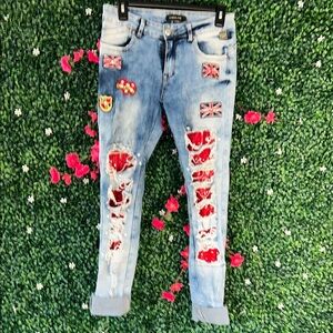 Blue Boyfriend Jeans with Red Embroidery and Distressing